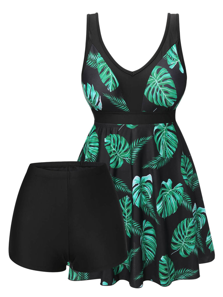 Maillot de bain à jupe tropicale noir et vert des années 1950