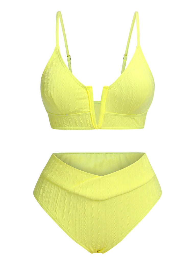 Ensemble de bikini en tricot uni jaune des années 1950