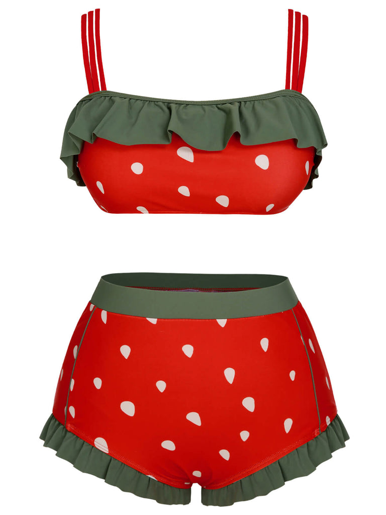 [Grande taille] Maillot de bain rouge à bretelles à volants et fraises des années 1950