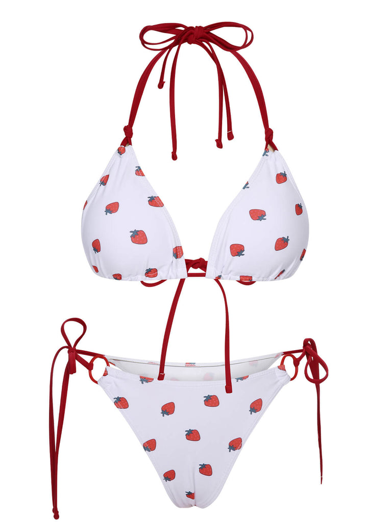 Ensemble bikini blanc dos nu à lacets aux fraises des années 1960