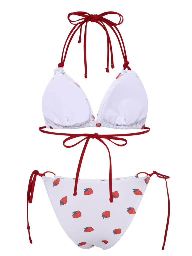 Ensemble bikini blanc dos nu à lacets aux fraises des années 1960