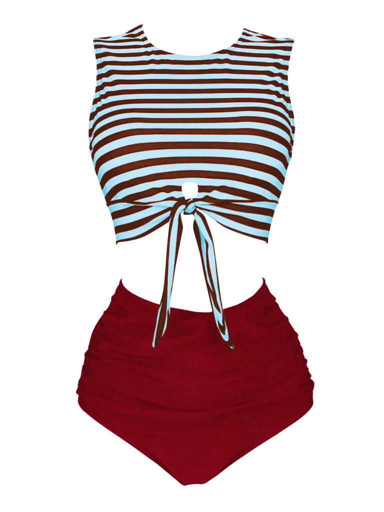 [Prévente] Maillot de bain à rayures à lacets bleu et rouge des années 1970