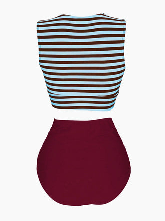 Maillot de bain à rayures à lacets bleu et rouge des années 1970