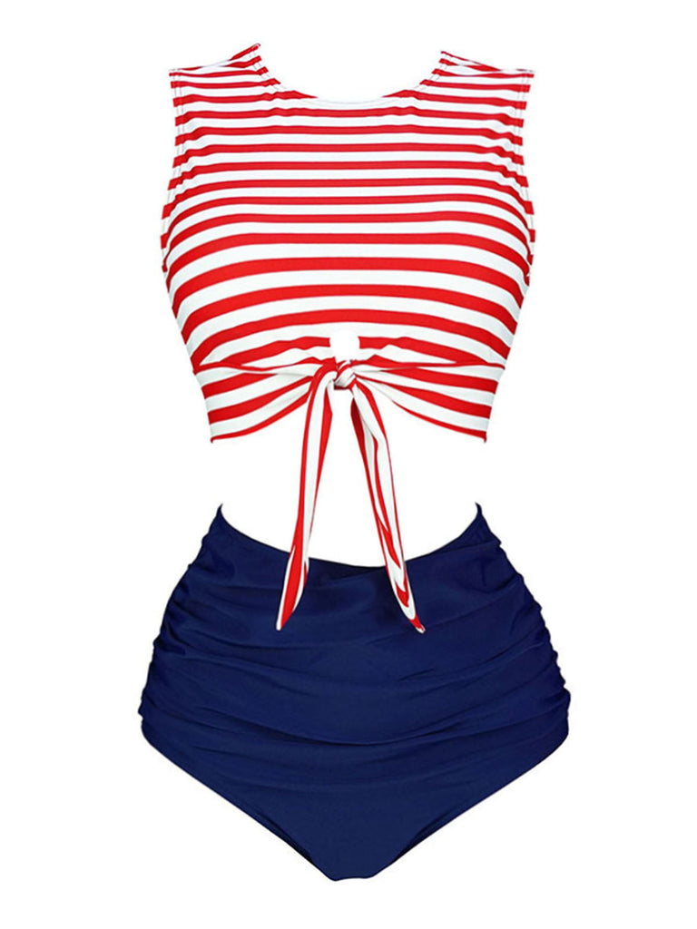[Prévente] Maillot de bain à rayures à lacets bleu et rouge des années 1970