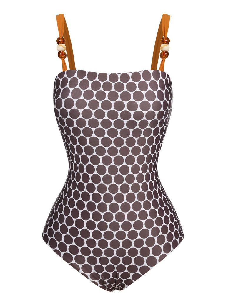 Maillot de bain réversible marron à pois et bretelles en perles des années 1930