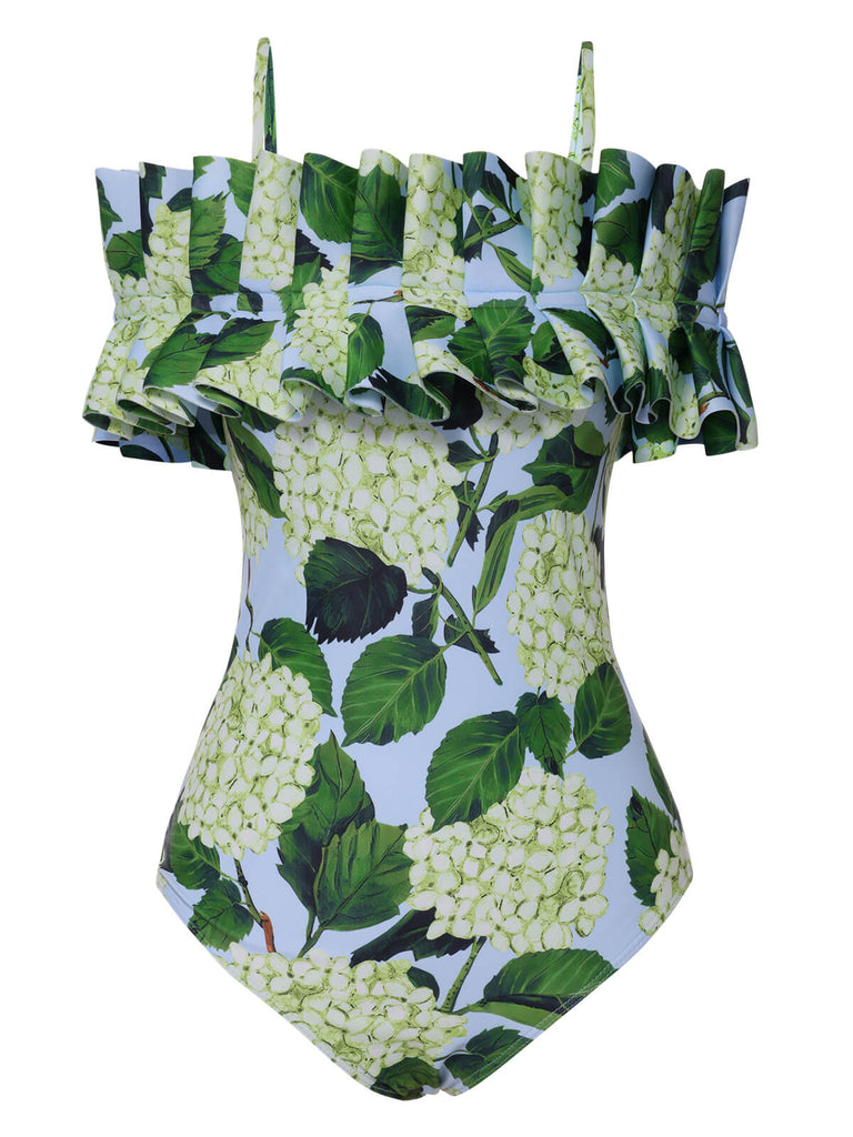 Maillot de bain à épaules dénudées motif floral d'hortensia vert des années 1950