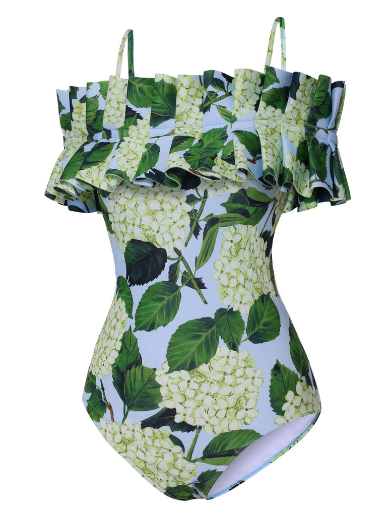 Maillot de bain à épaules dénudées motif floral d'hortensia vert des années 1950