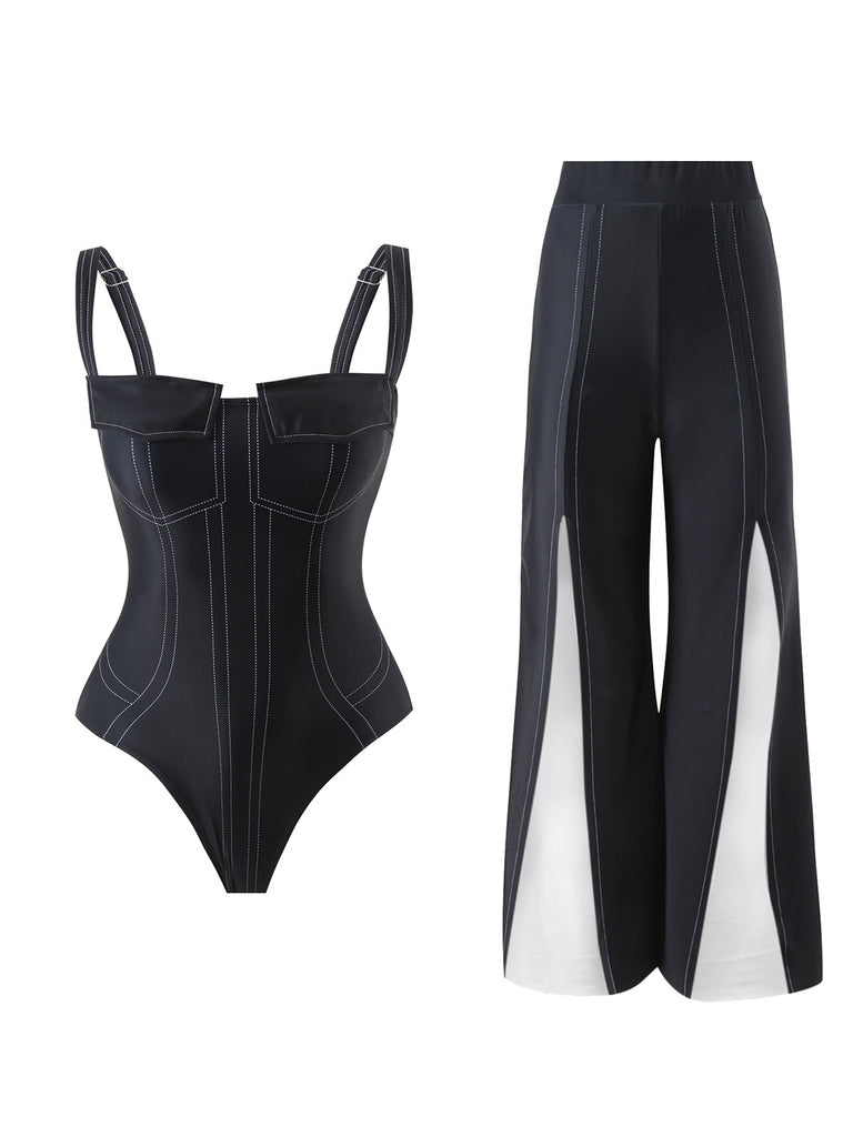 2PCS Maillot de bain et pantalon à bretelles gothiques noirs des années 40