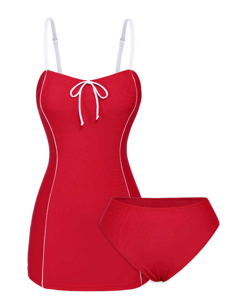 [Pré-vente] Maillot de bain une pièce rouge à bretelles et nœuds des années 40