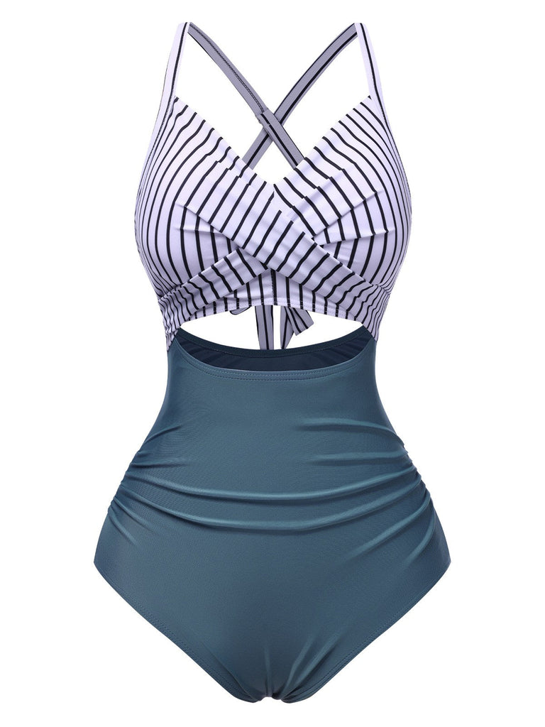 Maillot de bain bleu à rayures et patchwork creux années 1940