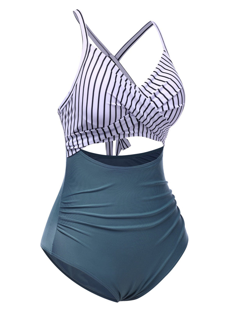 Maillot de bain bleu à rayures et patchwork creux années 1940