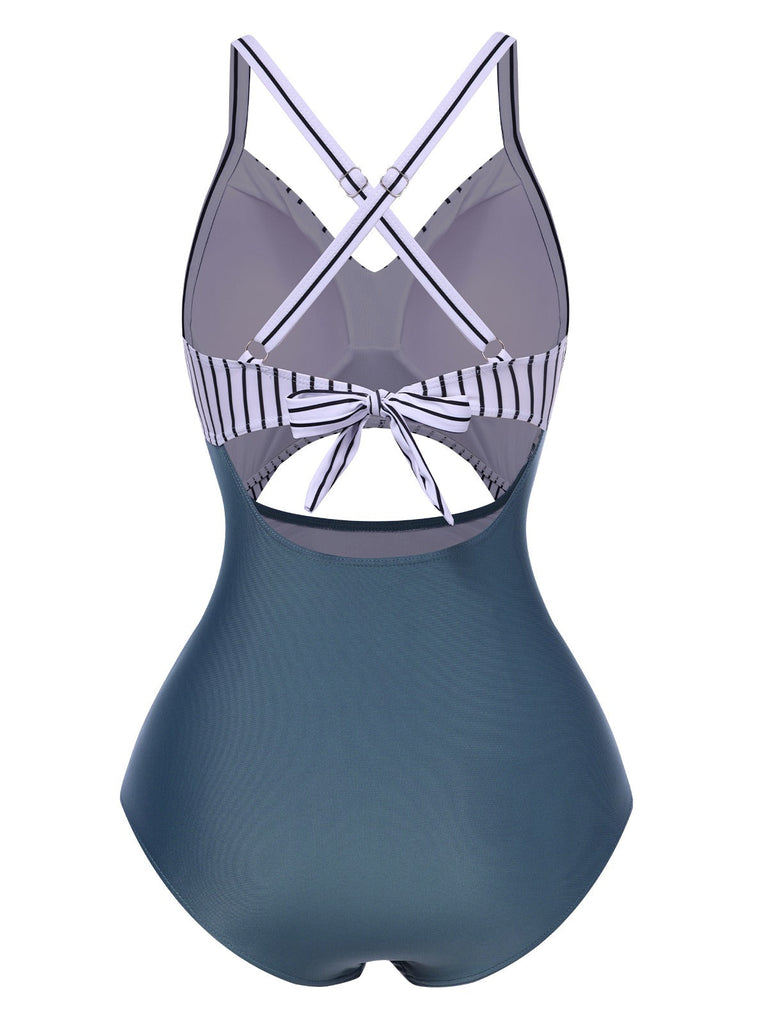 Maillot de bain bleu à rayures et patchwork creux années 1940