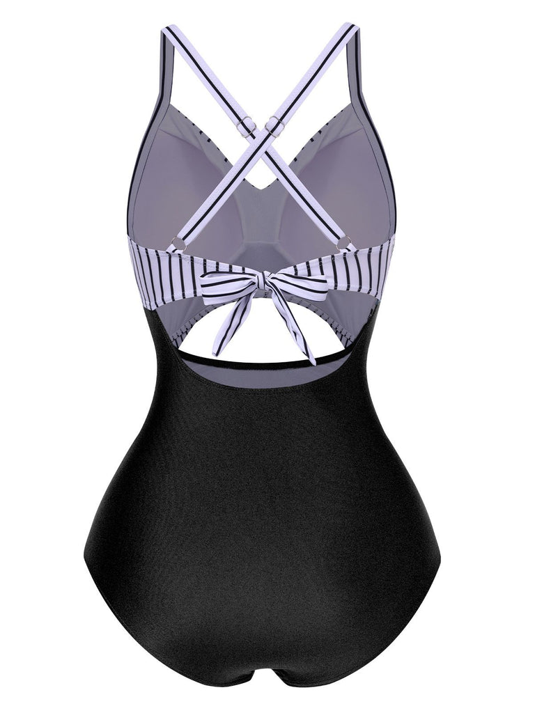 Maillot de bain bleu à rayures et patchwork creux années 1940