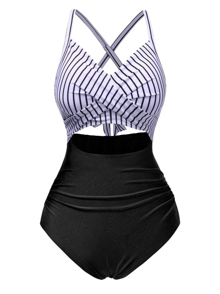 Maillot de bain bleu à rayures et patchwork creux années 1940
