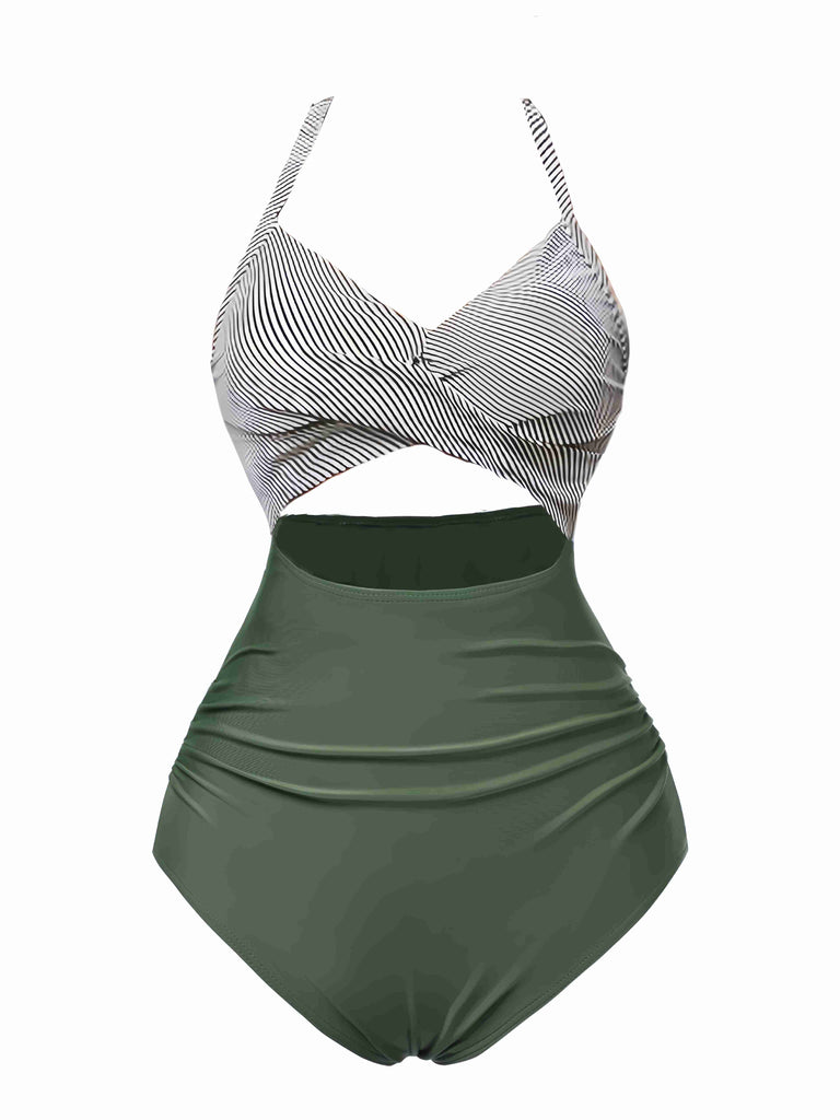 Maillot de bain bleu à rayures et patchwork creux années 1940
