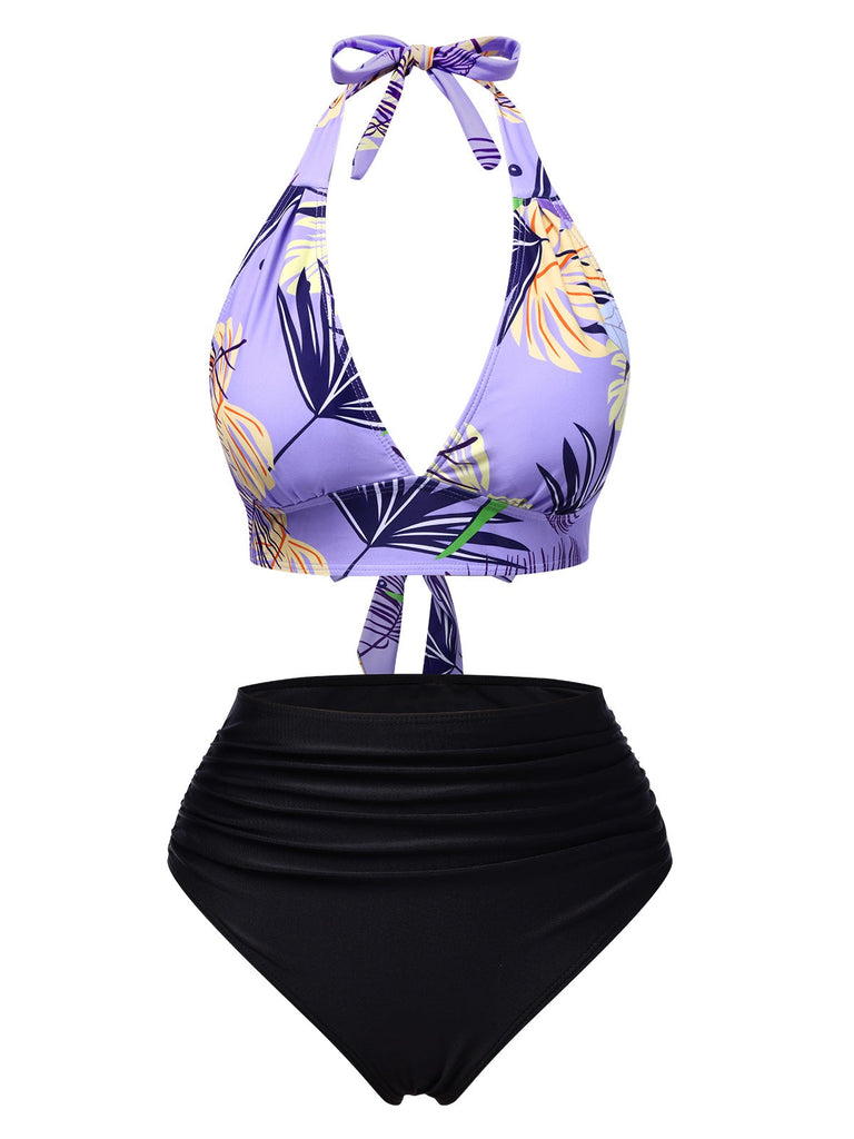 Maillot de bain licou à lacets violet plantes tropicales des années 1960