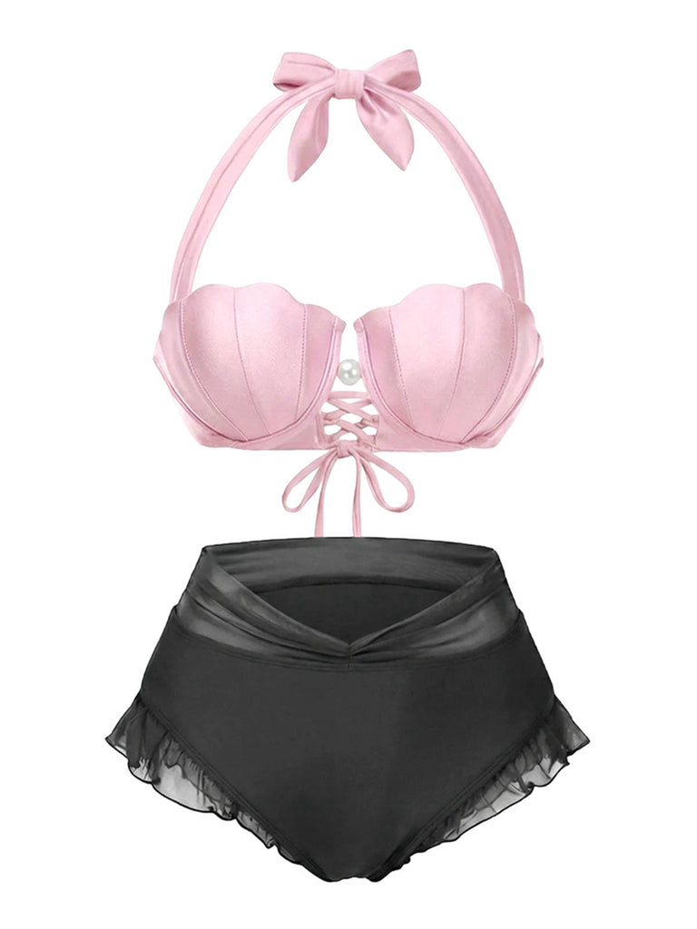 Ensemble bikini licou coquille sirène rose années 1970