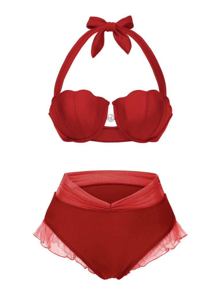 [Prévente] Ensemble bikini licou coquille sirène rouge des années 1970