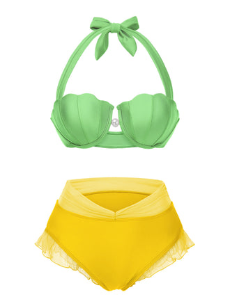Ensemble bikini licou coquille sirène jaune des années 1970