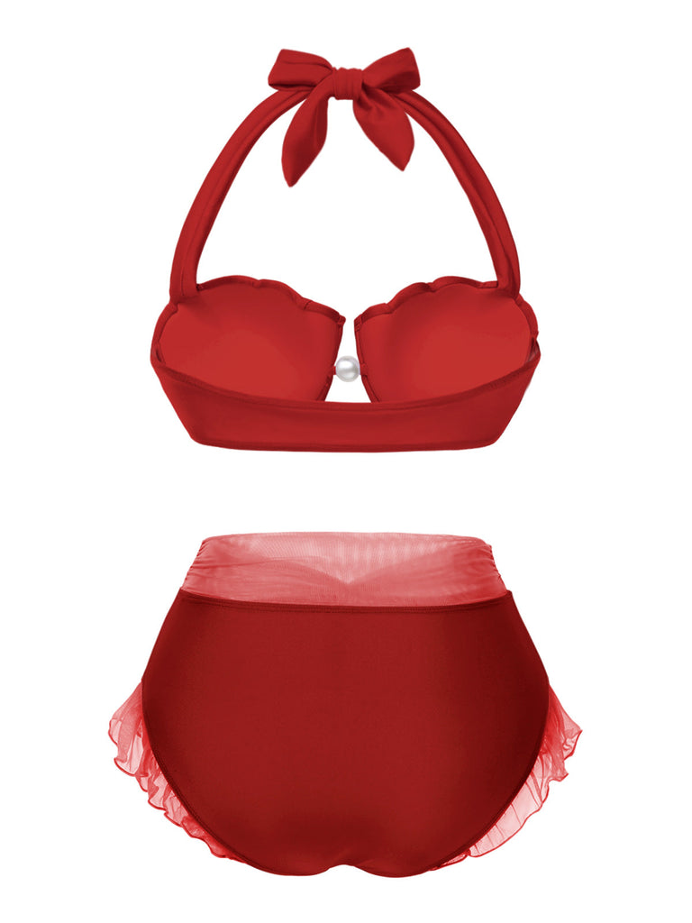 [Prévente] Ensemble bikini licou coquille sirène rouge des années 1970
