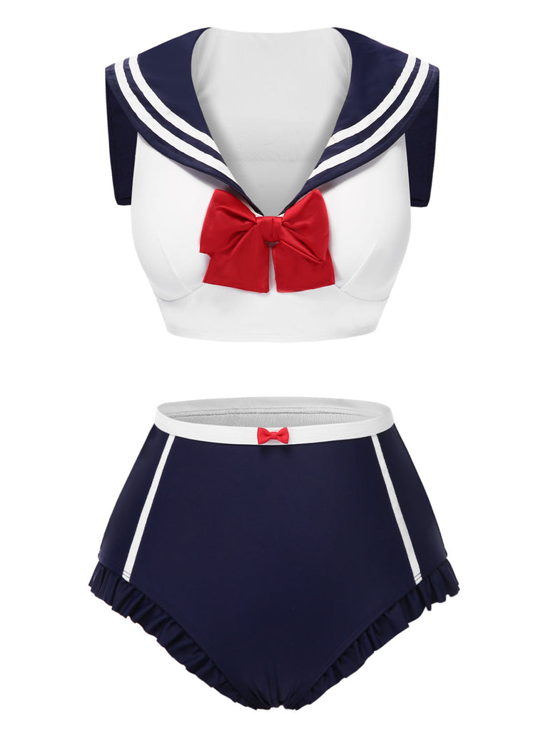 [Pré-vente] Maillot de bain bleu foncé nautique et nœud des années 1970