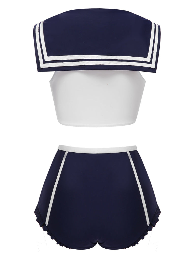 [Pré-vente] Maillot de bain bleu foncé nautique et nœud des années 1970