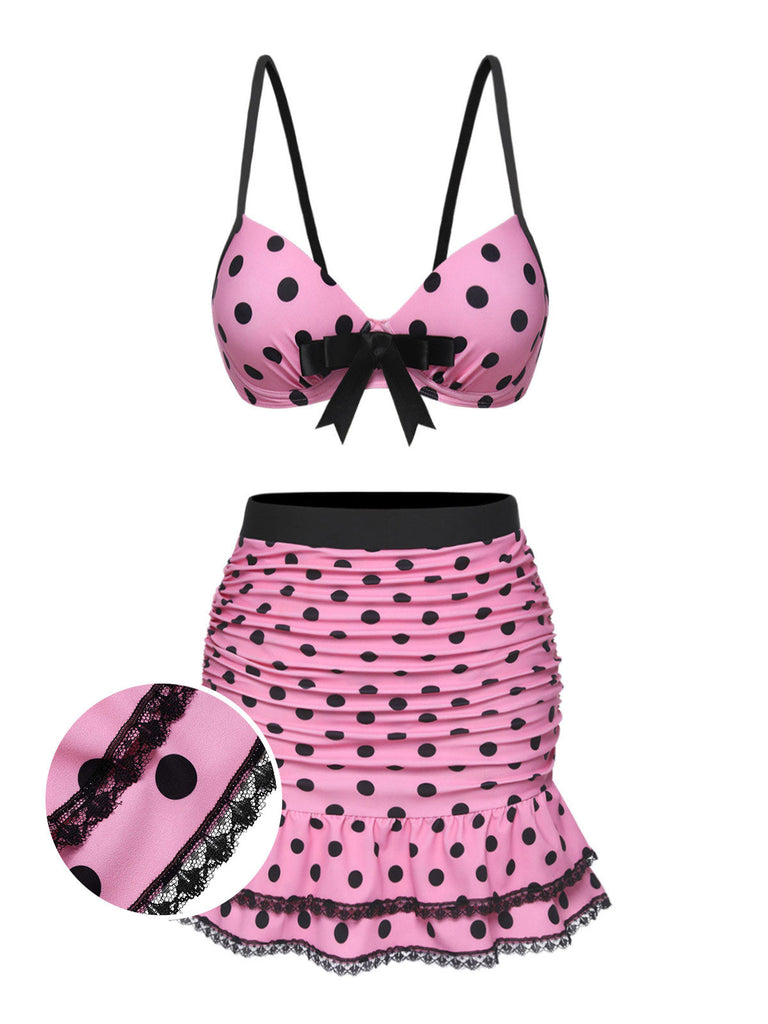 [Pré-vente] Maillot de bain à jupe à pois licous rose des années 50