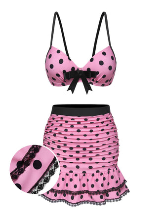 [Prévente] Maillot de bain à jupe à pois licous rose des années 50