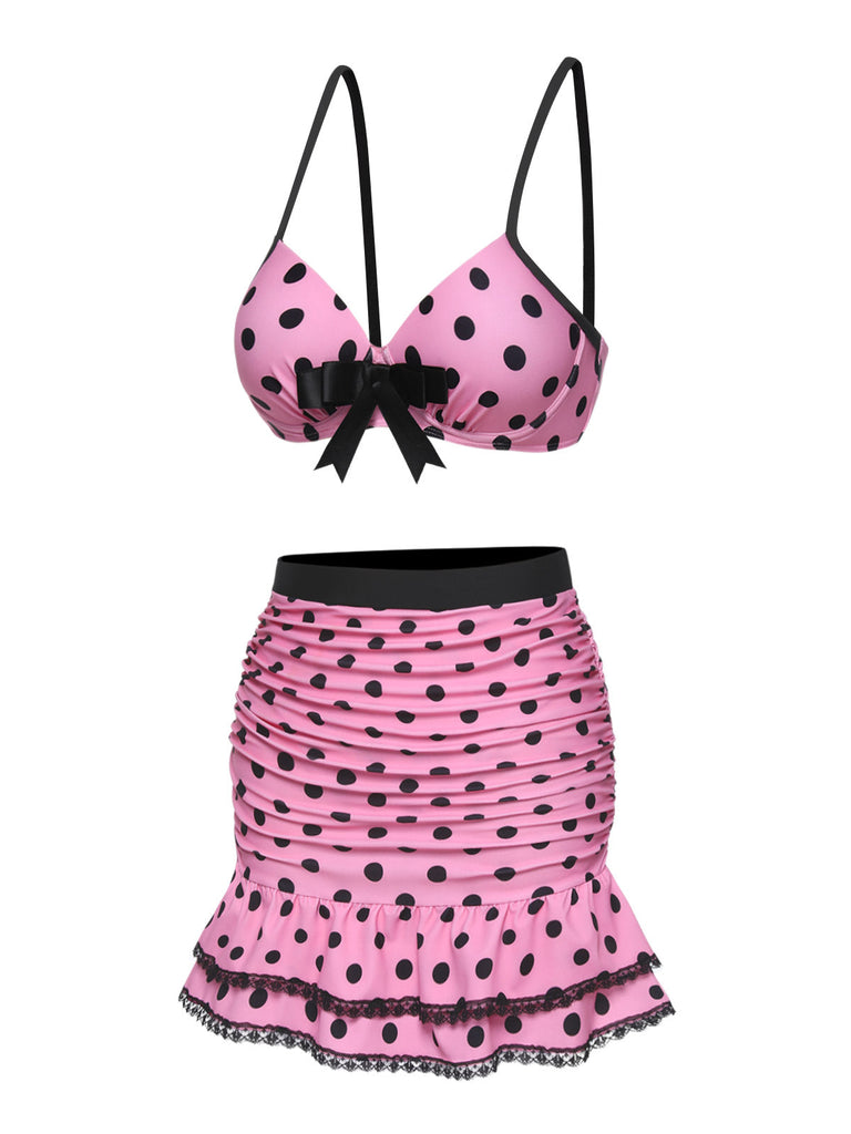 [Pré-vente] Maillot de bain à jupe à pois licous rose des années 50