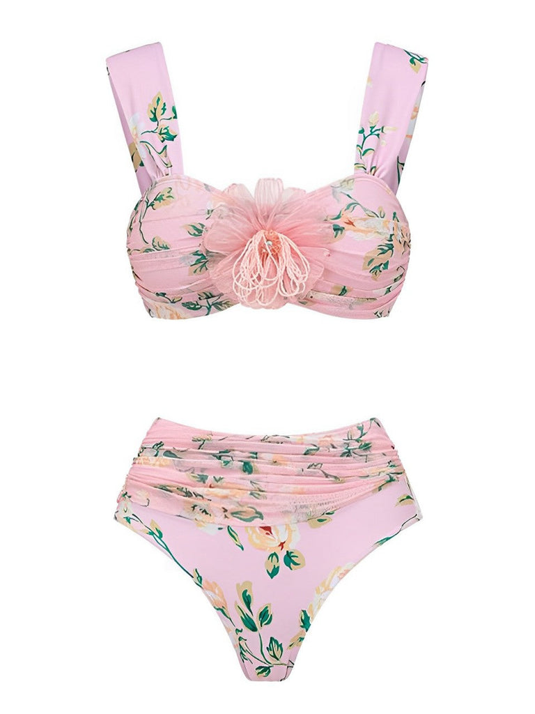 Maillot de bain plissé rose fait main avec fleurs 3D des années 1930