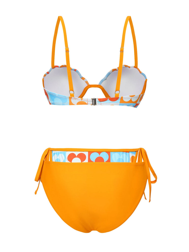 [Prévente] Ensemble bikini orange à lacets fleurs style dessin animé des années 1960