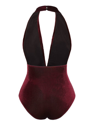 Maillot de bain col V profond en velours vin rouge des années 1970