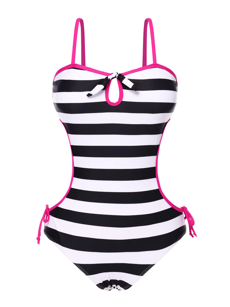 [Prévente] Maillot de bain à rayures creux avec nœud rouge et bleu des années 1960