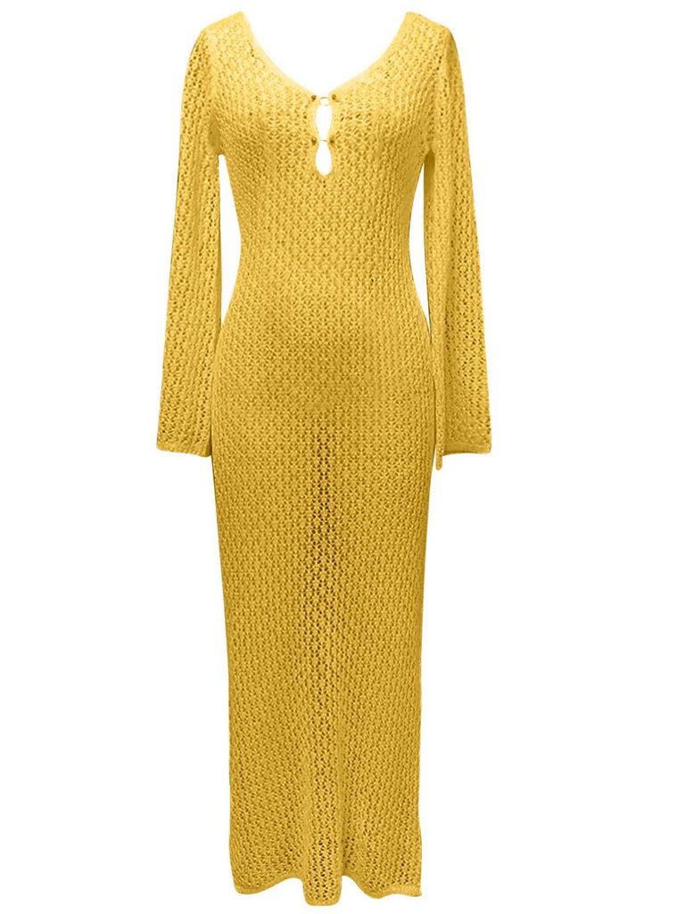 Robe longue cache-cœur en maille creuse des années 1960