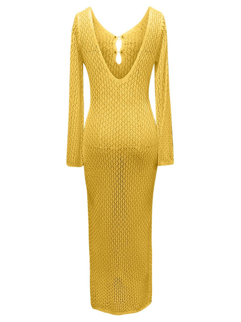 Robe longue cache-cœur en maille creuse des années 1960