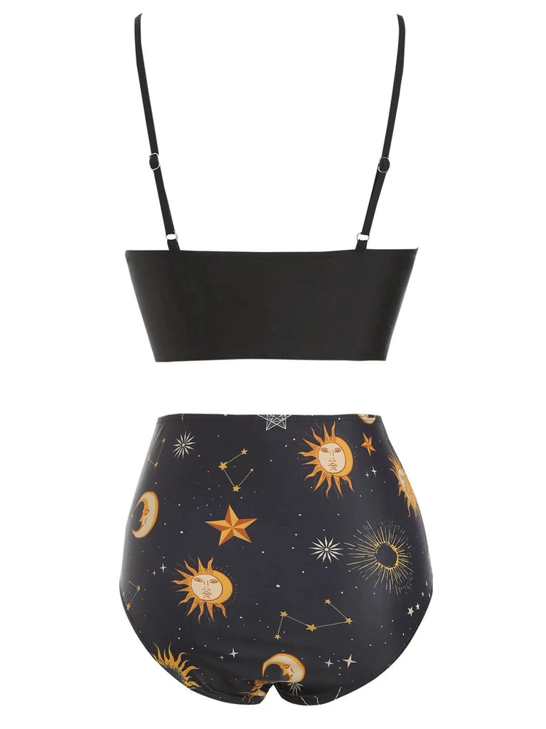 Maillot de bain à lacets noir  Soleil Lune Étoiles années 40