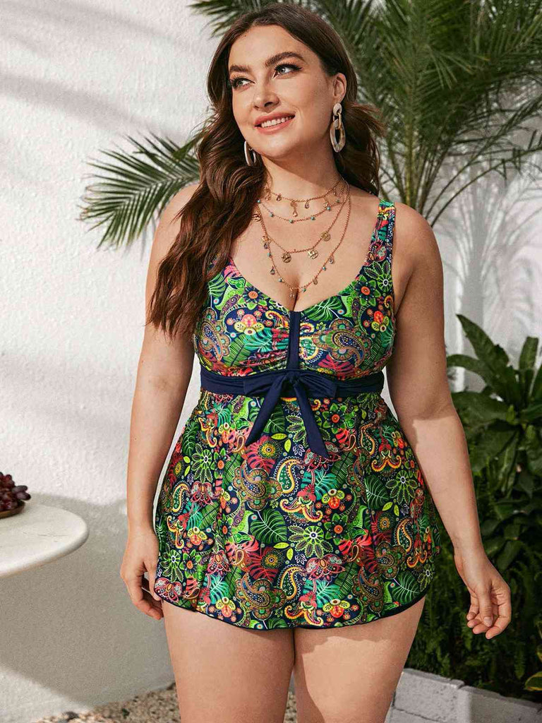 [Grande taille] Tankini vert à imprimé hippie avec nœud des années 1960