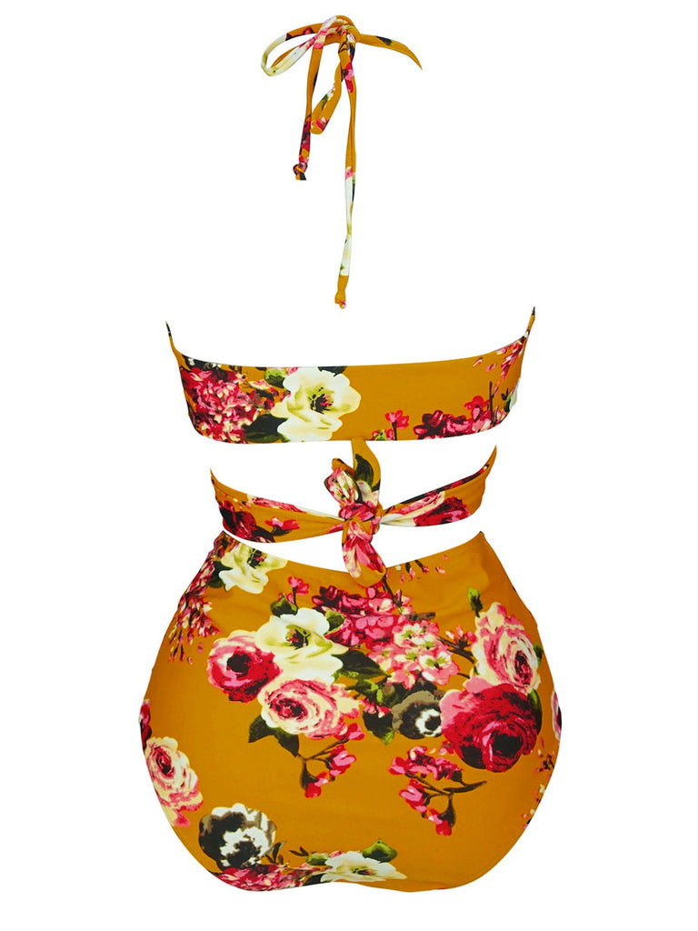 Maillot de bain licou à motif floral orange des années 1930