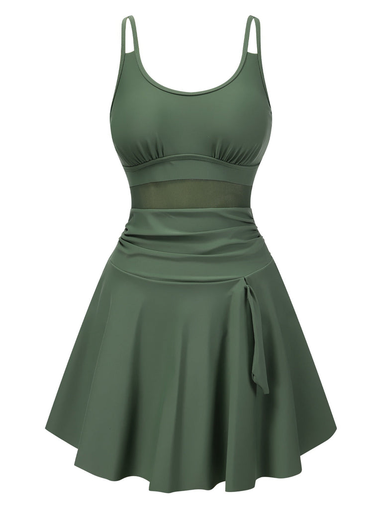 Robe de bain verte à bretelles et nœuds unis des années 1930