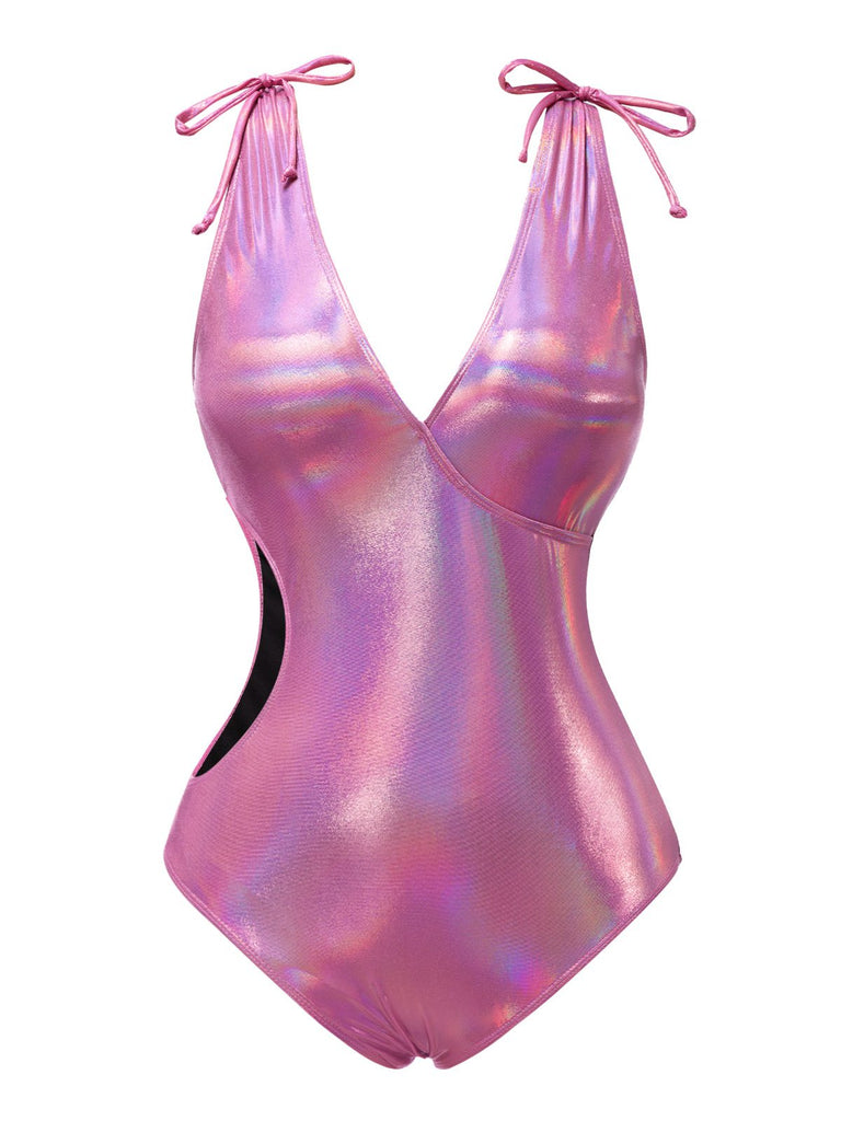 [Prévente] Maillot de bain bleu brillant avec nœud et creux des années 1970