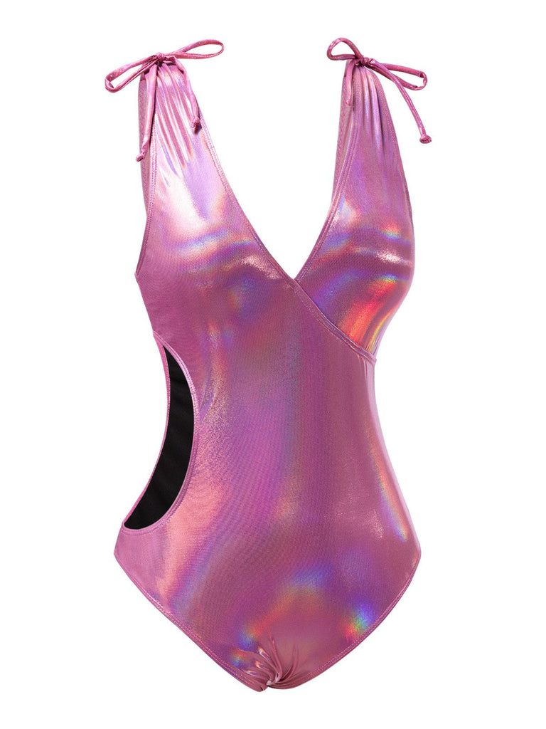 [Prévente] Maillot de bain bleu brillant avec nœud et creux des années 1970