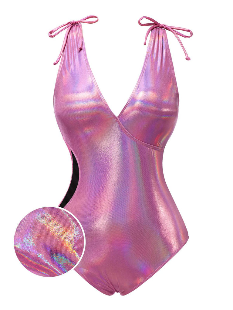 [Prévente] Maillot de bain bleu brillant avec nœud et creux des années 1970