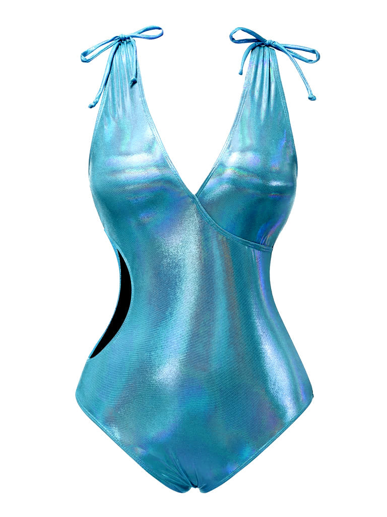 [Prévente] Maillot de bain bleu brillant avec nœud et creux des années 1970