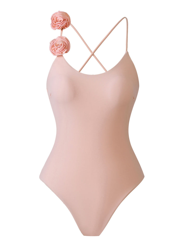 Maillot de bain à bretelles croisées dans le dos avec motif rose 3D des années 1940