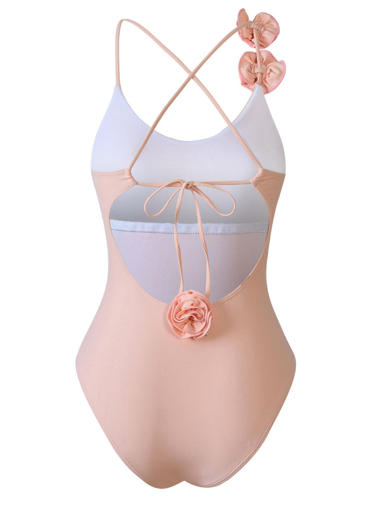 Maillot de bain à bretelles croisées dans le dos avec motif rose 3D des années 1940