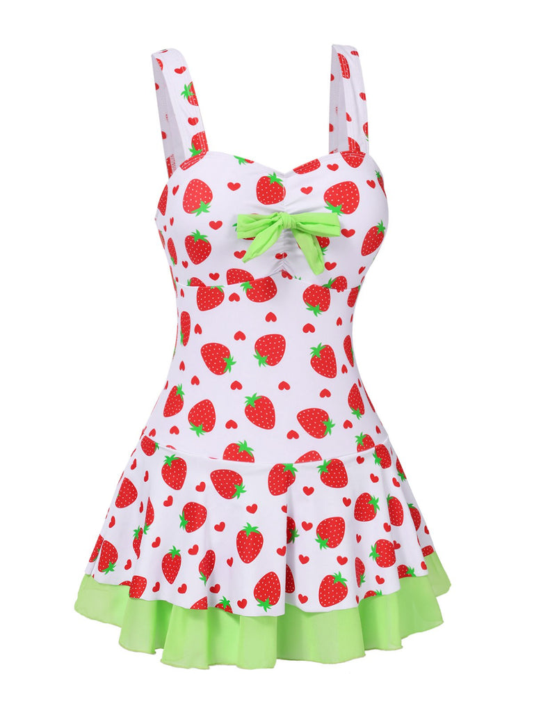 [Pré-vente] Maillot de bain robe rouge et vert avec nœud à fraises des années 40