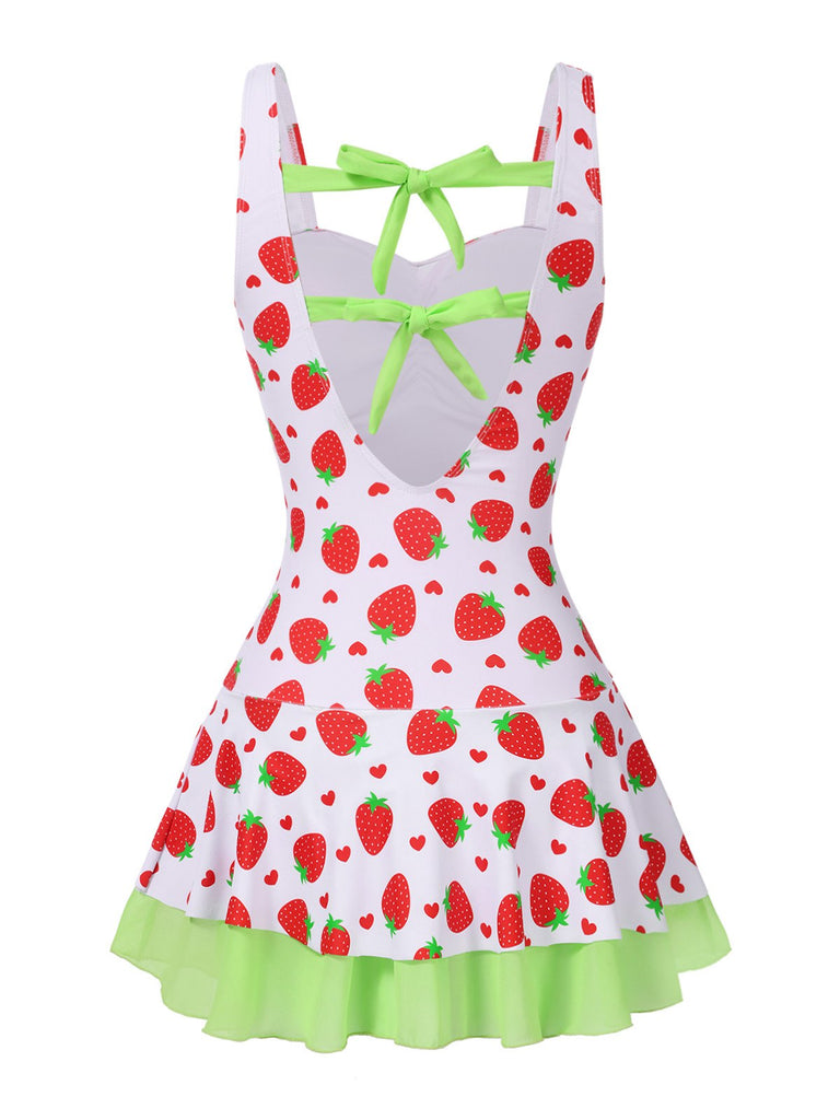 [Pré-vente] Maillot de bain robe rouge et vert avec nœud à fraises des années 40