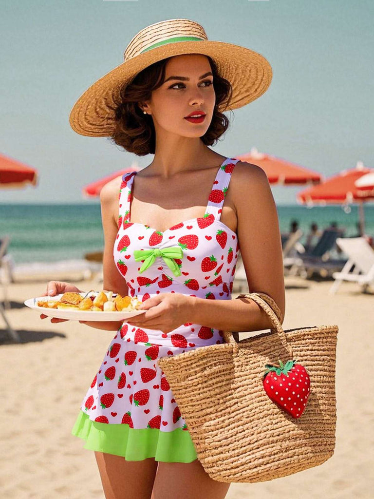 [Pré-vente] Maillot de bain robe rouge et vert avec nœud à fraises des années 40