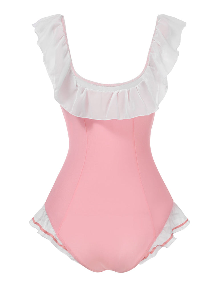 [Pré-vente] Maillot de bain une pièce rose à revers nœud papillon des années 1950