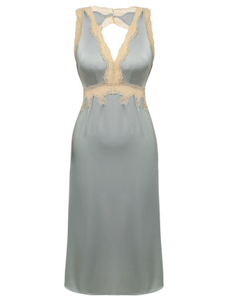 [Prévente] Pyjama en satin bleu dos nu à col en V et dentelle des années 1950
